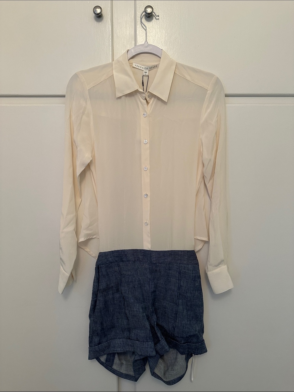 NWT Veronica Beard Boca Button Down Romper Denim and White Cream Silk
